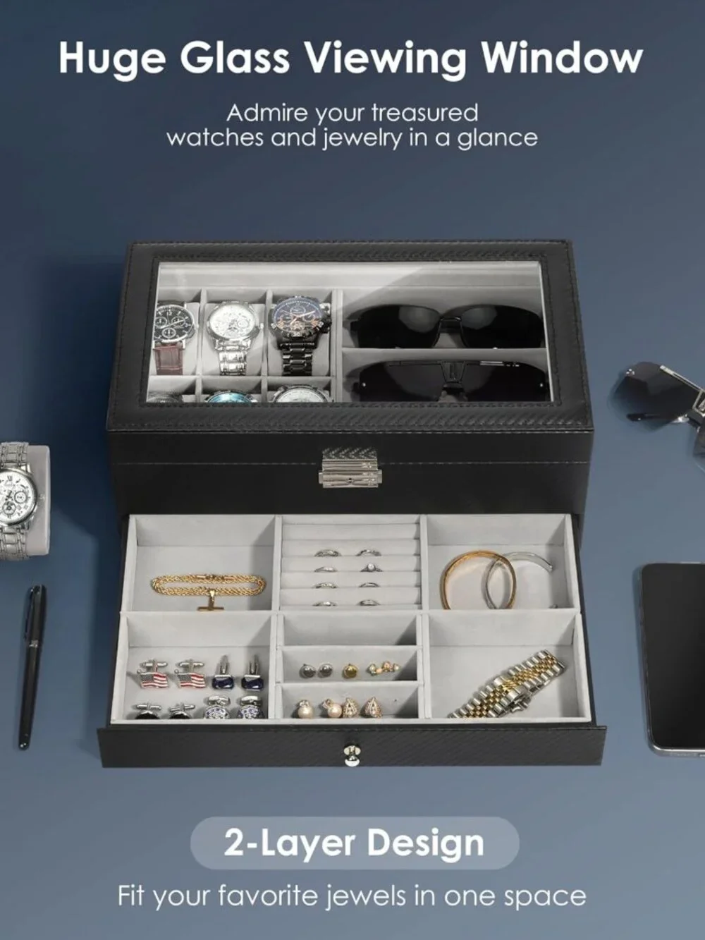Men's Jewelry Box Organizer - 6 Watch Slots & 3 Sunglasses Compartments - Grey